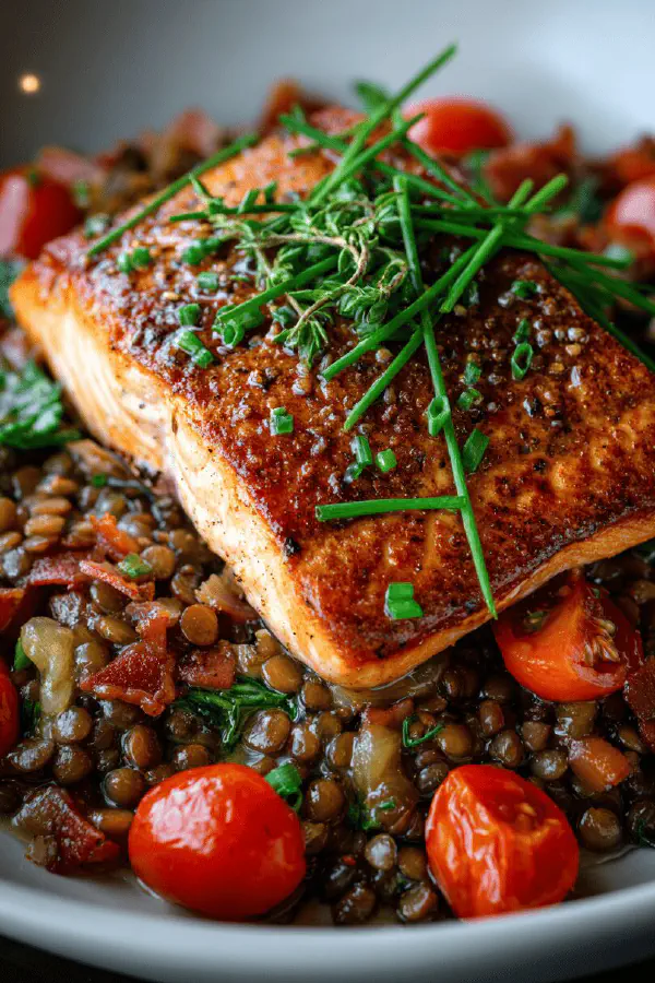 Balsamic Salmon with Lentils